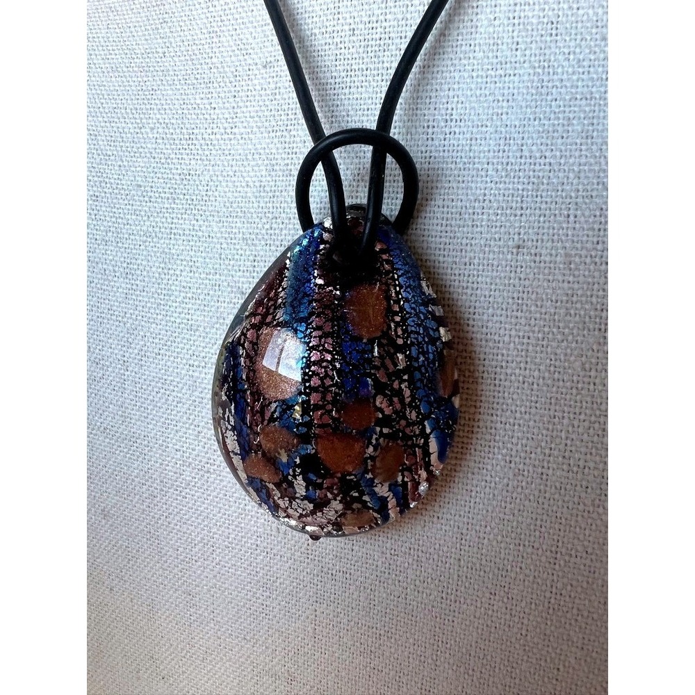 Art Glass Pendant Cord Necklace Blue Silver Foil Teardrop Boho Artisan Dichroic